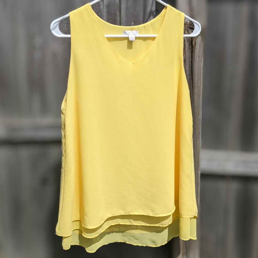 Yellow sleeveless blouse, sz S. Tiered, flowy, v-neck